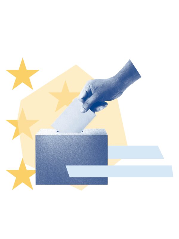 Yellow stars and light blue stripes. Blue filtered hand putting ballot in voting box