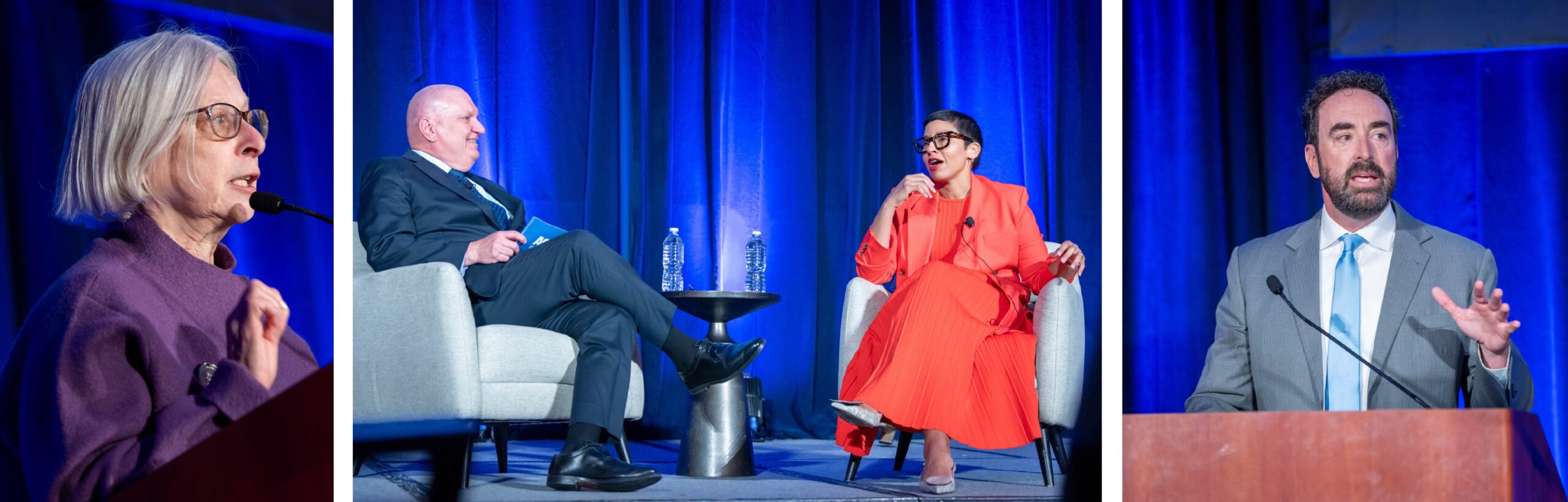 Series of image of Colleen speaking, Ed sitting next to Melissa Murray on stage, Kevin speaking