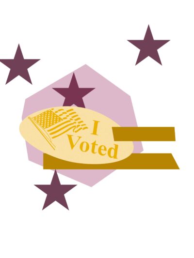 Light pink shape with yellow "I voted" sticker