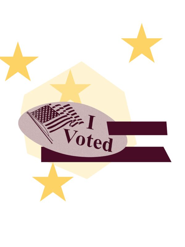 Light pink shape with yellow "I voted" sticker