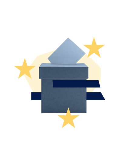 Navy blue ballot box with blue stripes and yellow stars