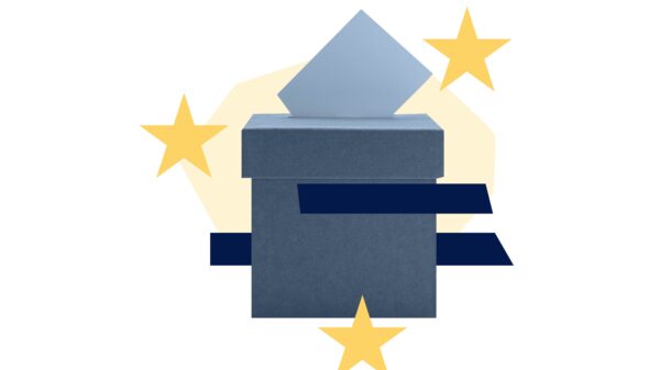 Navy blue ballot box with blue stripes and yellow stars