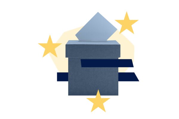 Navy blue ballot box with blue stripes and yellow stars