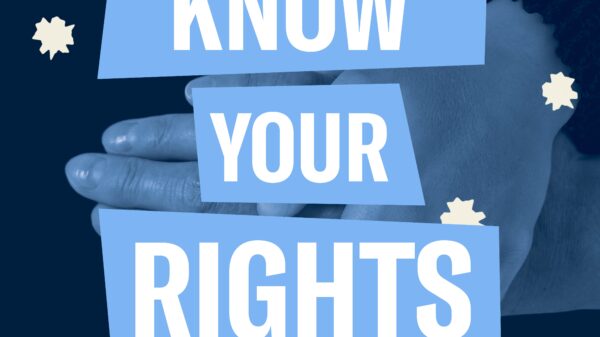 Filtered blue hands holding each other. Blue boxes behind "Know Your Rights"