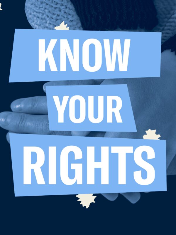 Filtered blue hands holding each other. Blue boxes behind "Know Your Rights"