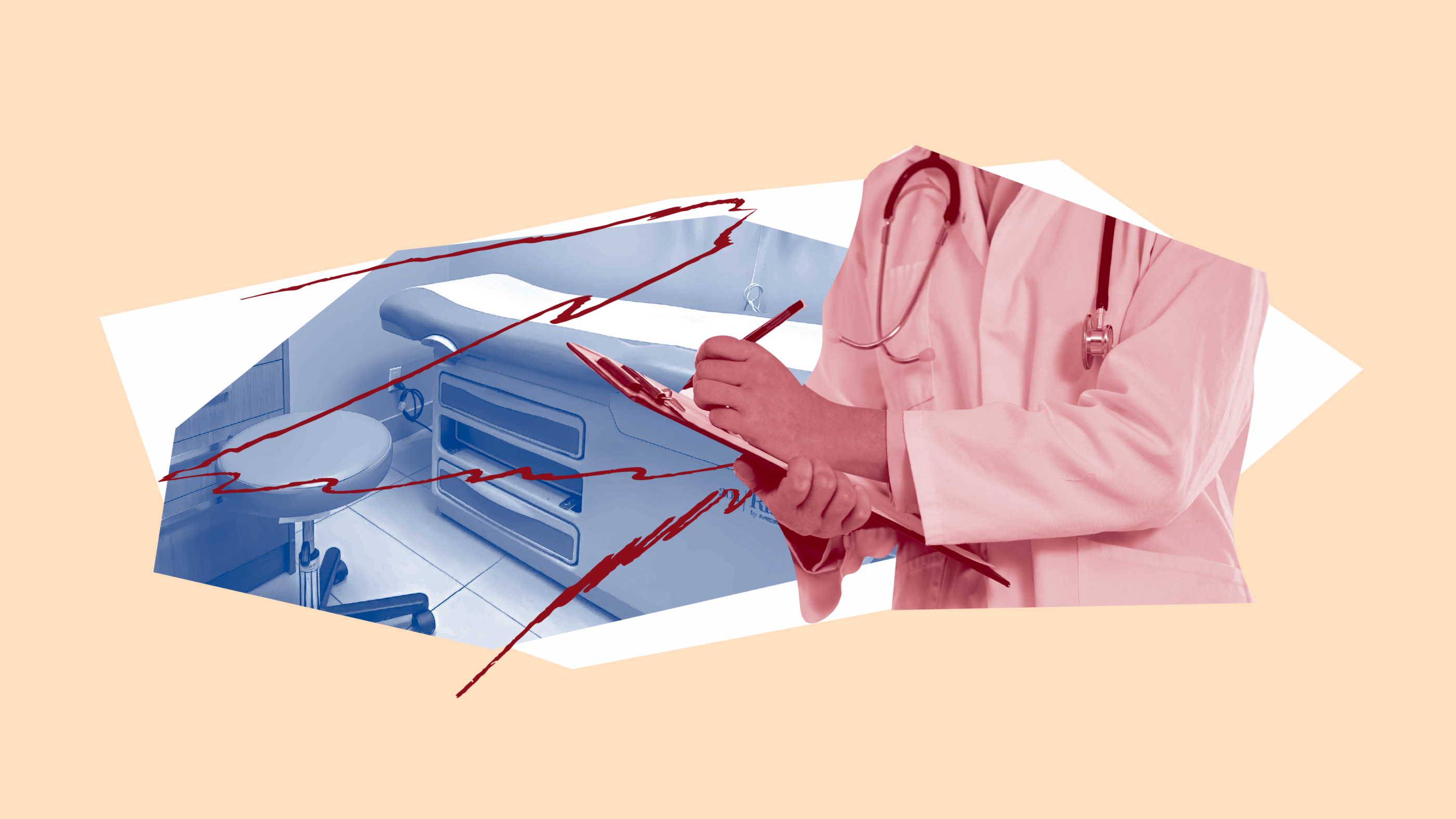 Light orange background. Blue filtered image of doctor's office. Red filtered image of doctor with a clipboard