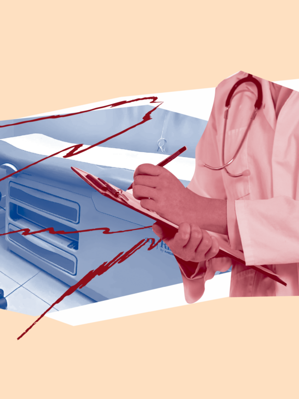 Light orange background. Blue filtered image of doctor's office. Red filtered image of doctor with a clipboard