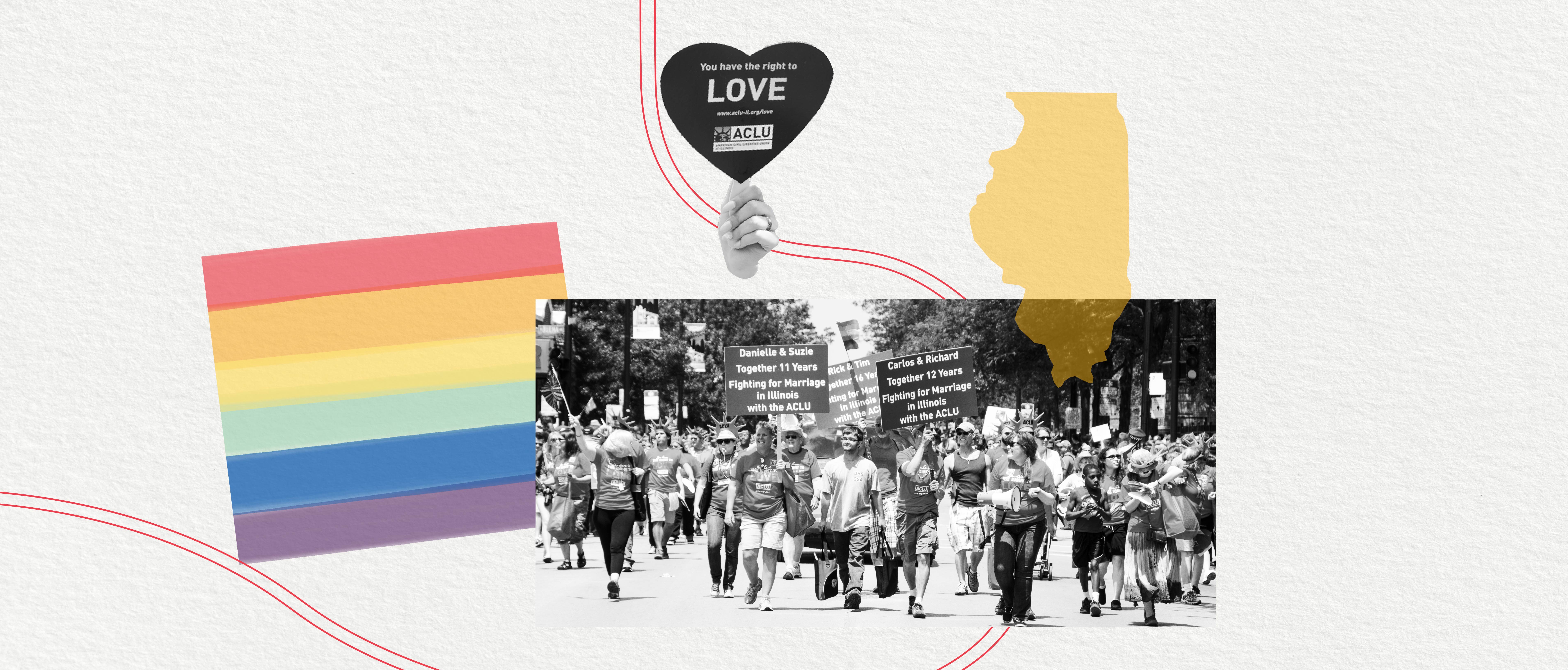 Off white background. Pride flag on the left. Photo of couples marching. Yellow Illinois above and hand holding a "love is love" sign. 