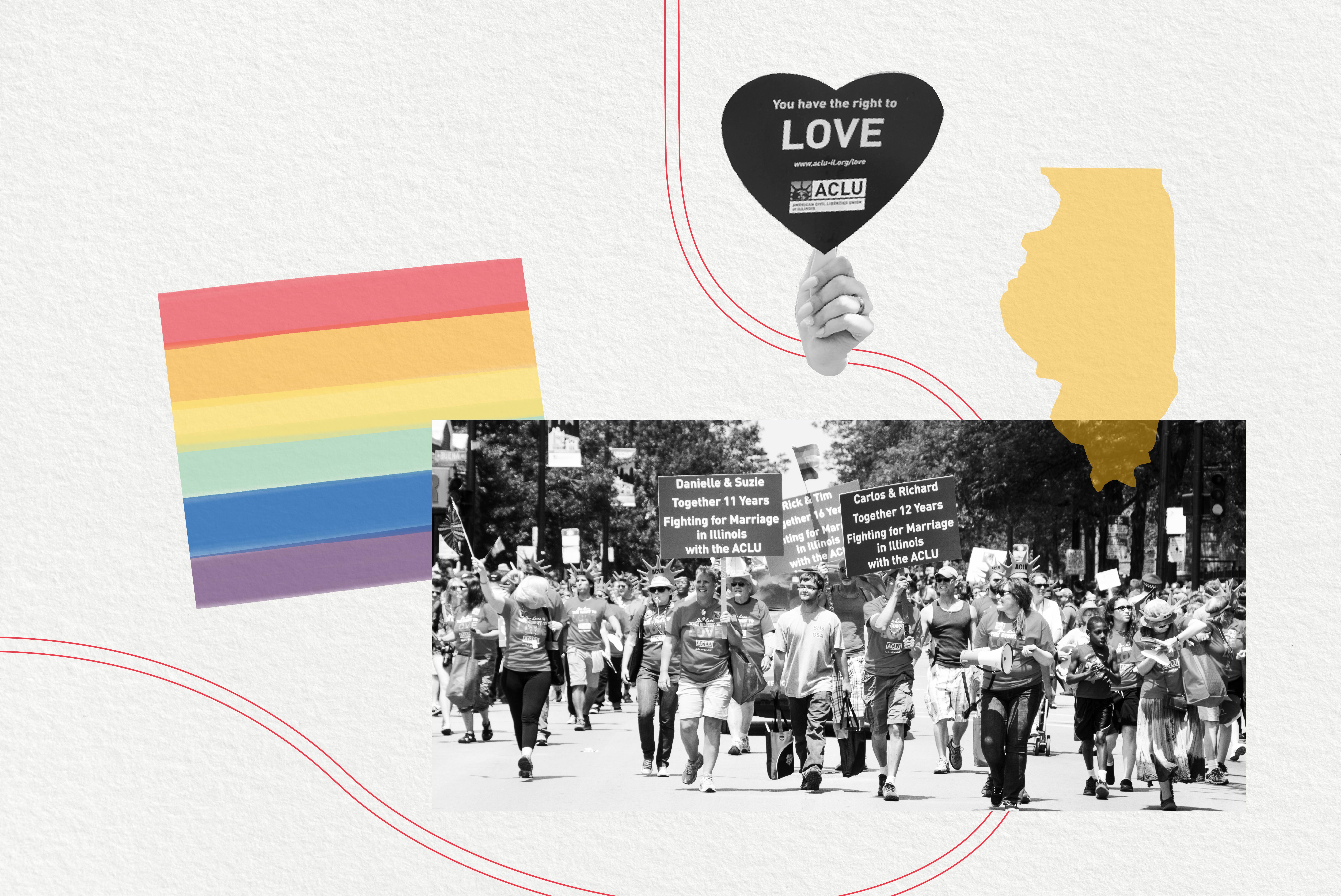 Off white background. Pride flag on the left. Photo of couples marching. Yellow Illinois above and hand holding a "love is love" sign. 