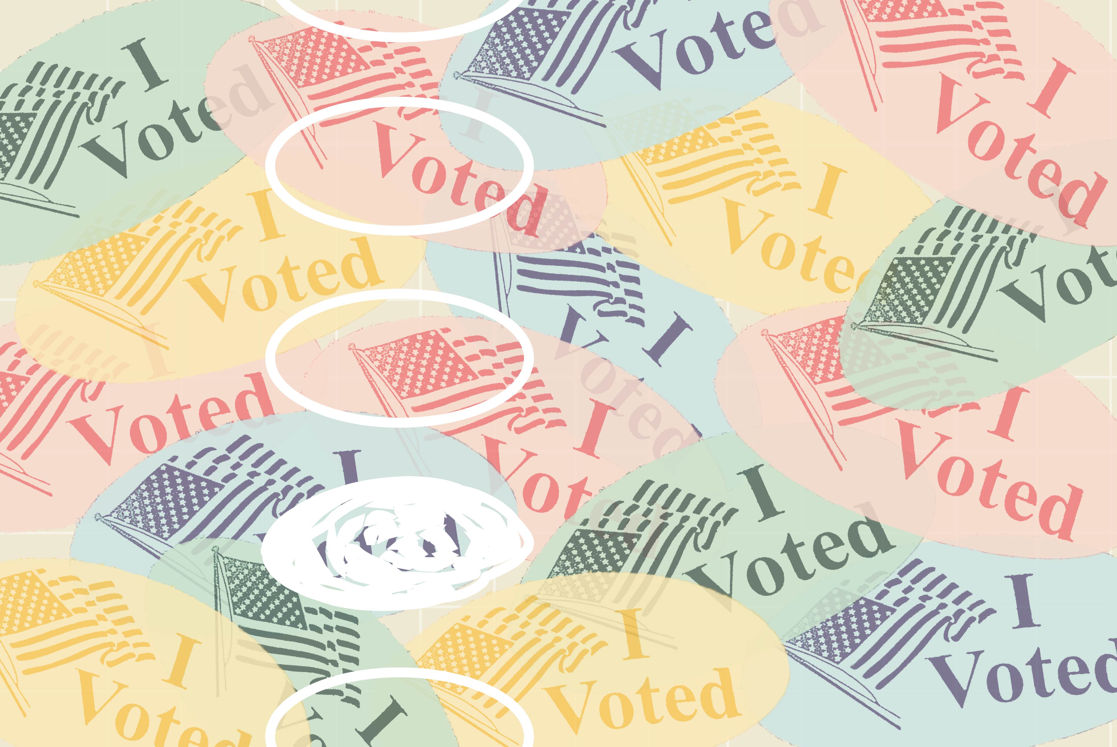 Colorful "I Voted" stickers with a filled in circle over them.