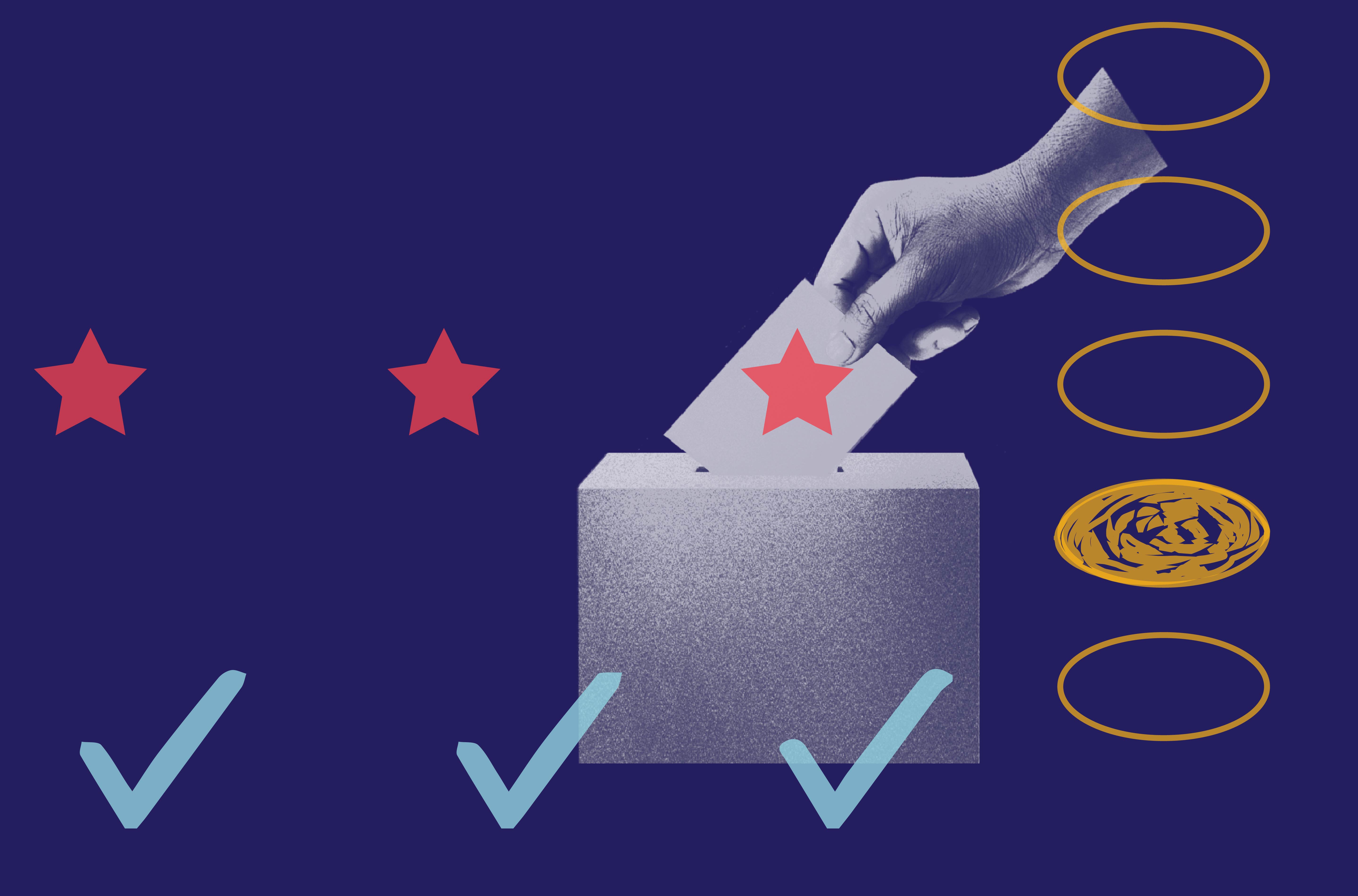 Dark blue background. Dark blue and white hand putting a ballot in a ballot box. Three light blue check marks along the bottom, three red stars across the middle and the ballot box. five yellow fill in bubbles with the fourth filled in along the right.