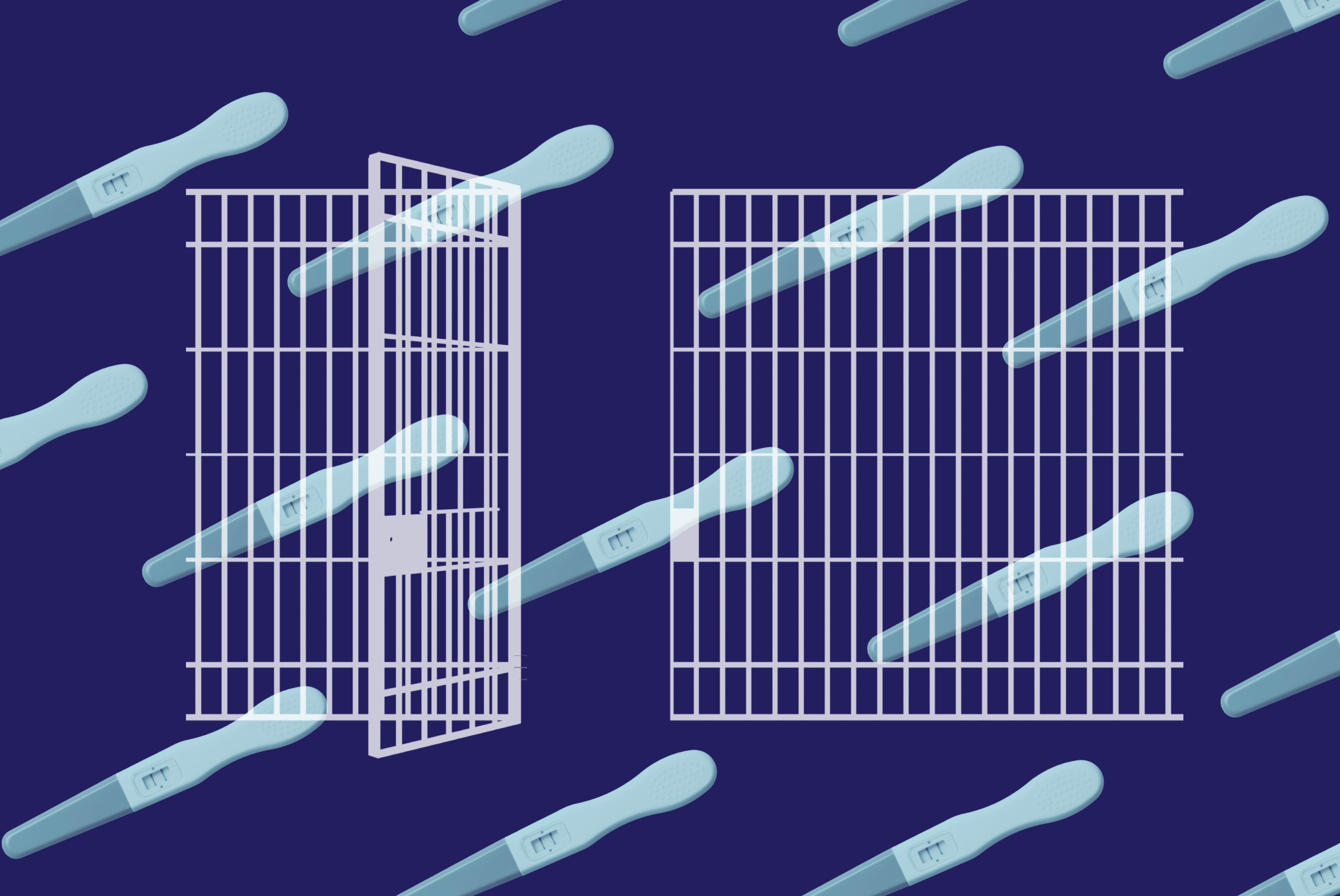 Navy background with light blue pregnancy tests. White jail bars overlaying