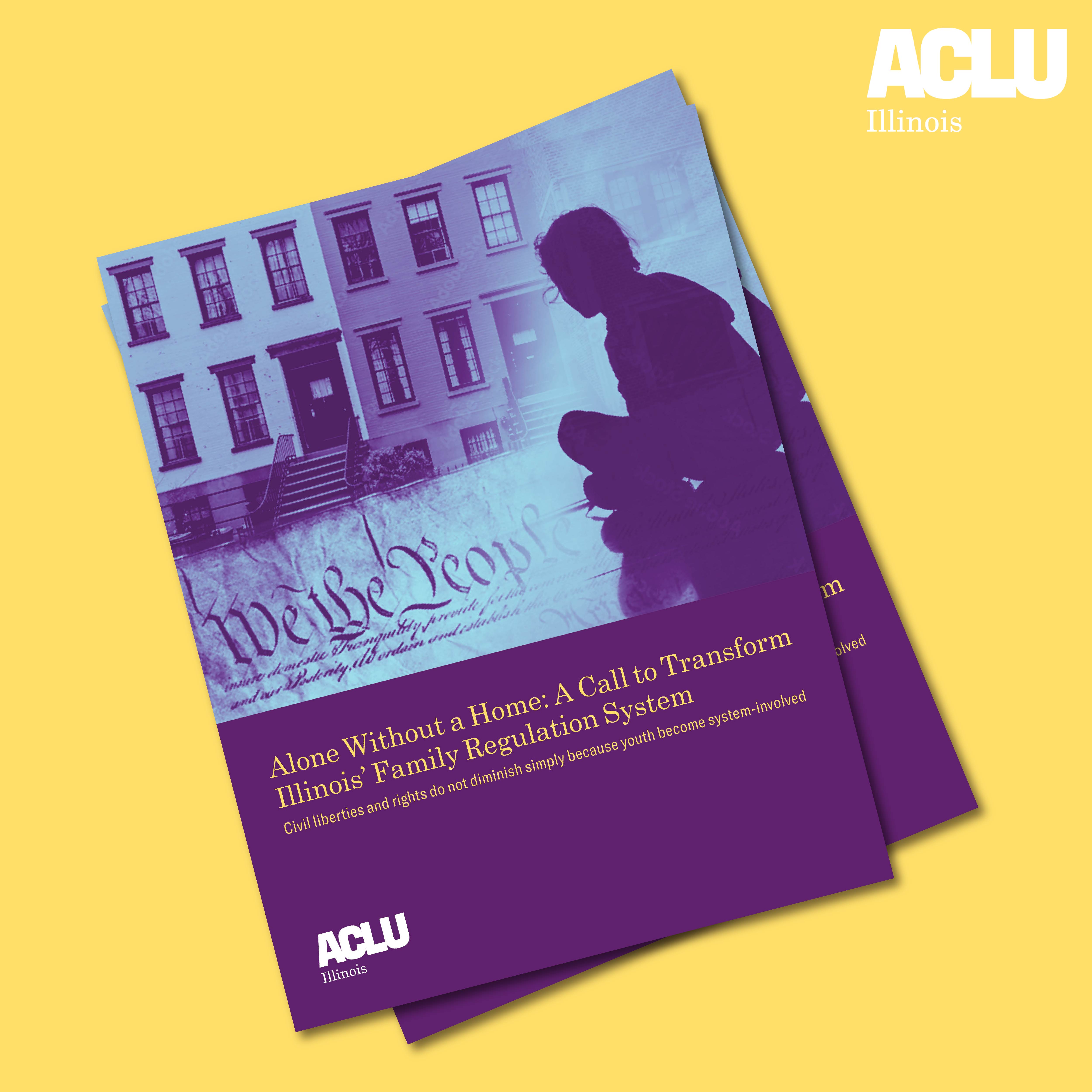 Yellow square with image of the report cover. Purple silhouetted child in front of a light blue and purple building with the constitution along the bottom.