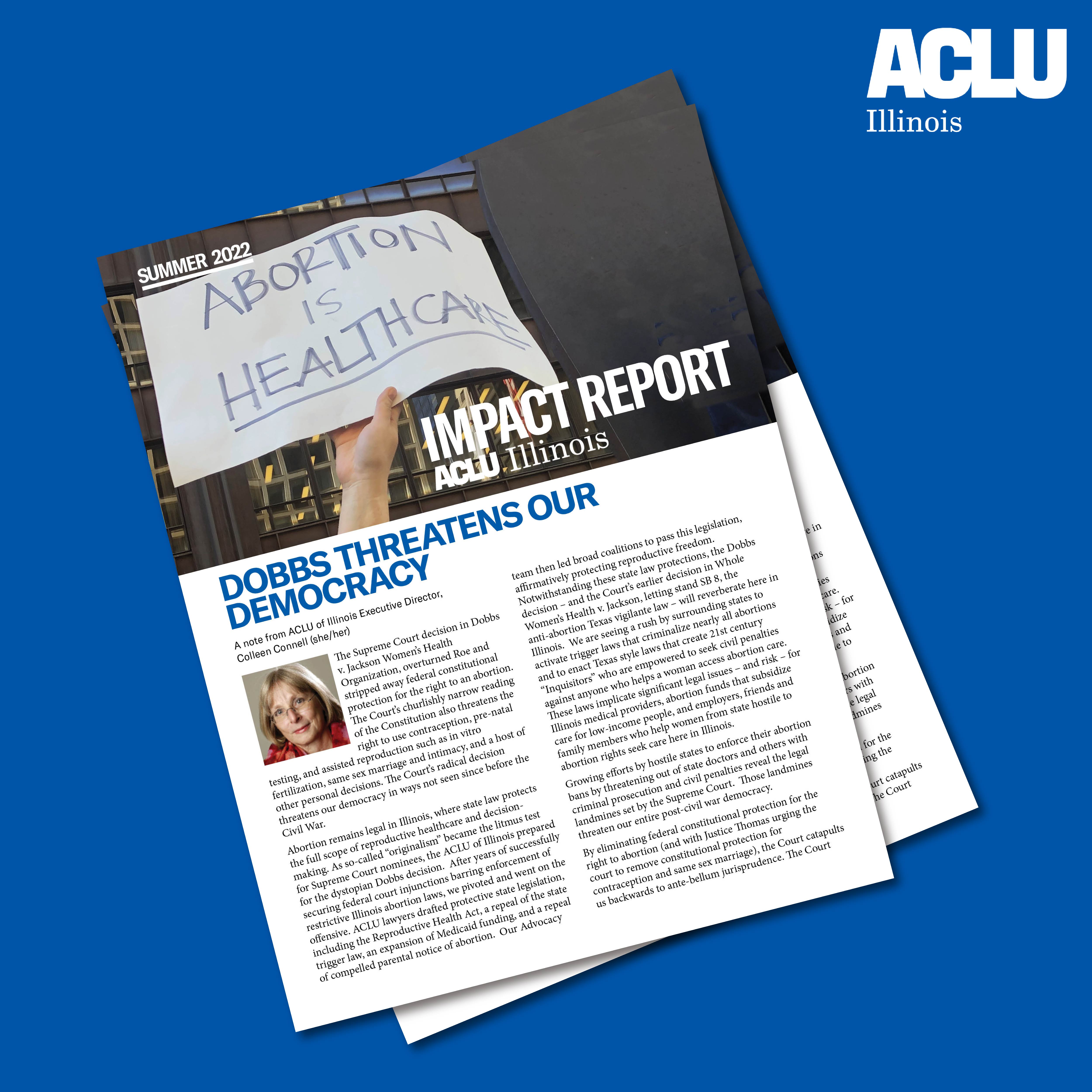 Two overlayed covers of this edition of the impact report over a blue background