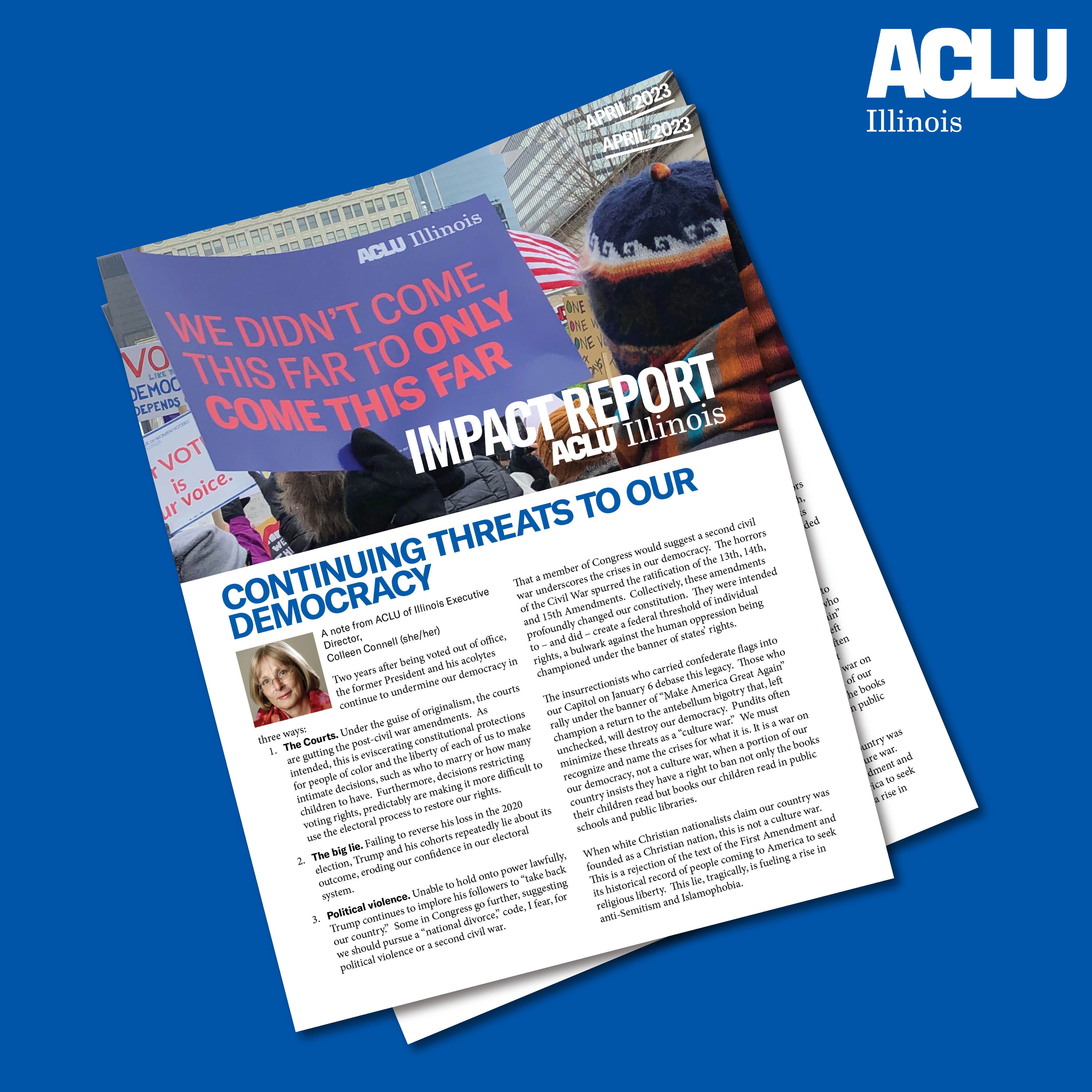Two overlayed images of the newsletter over a blue background