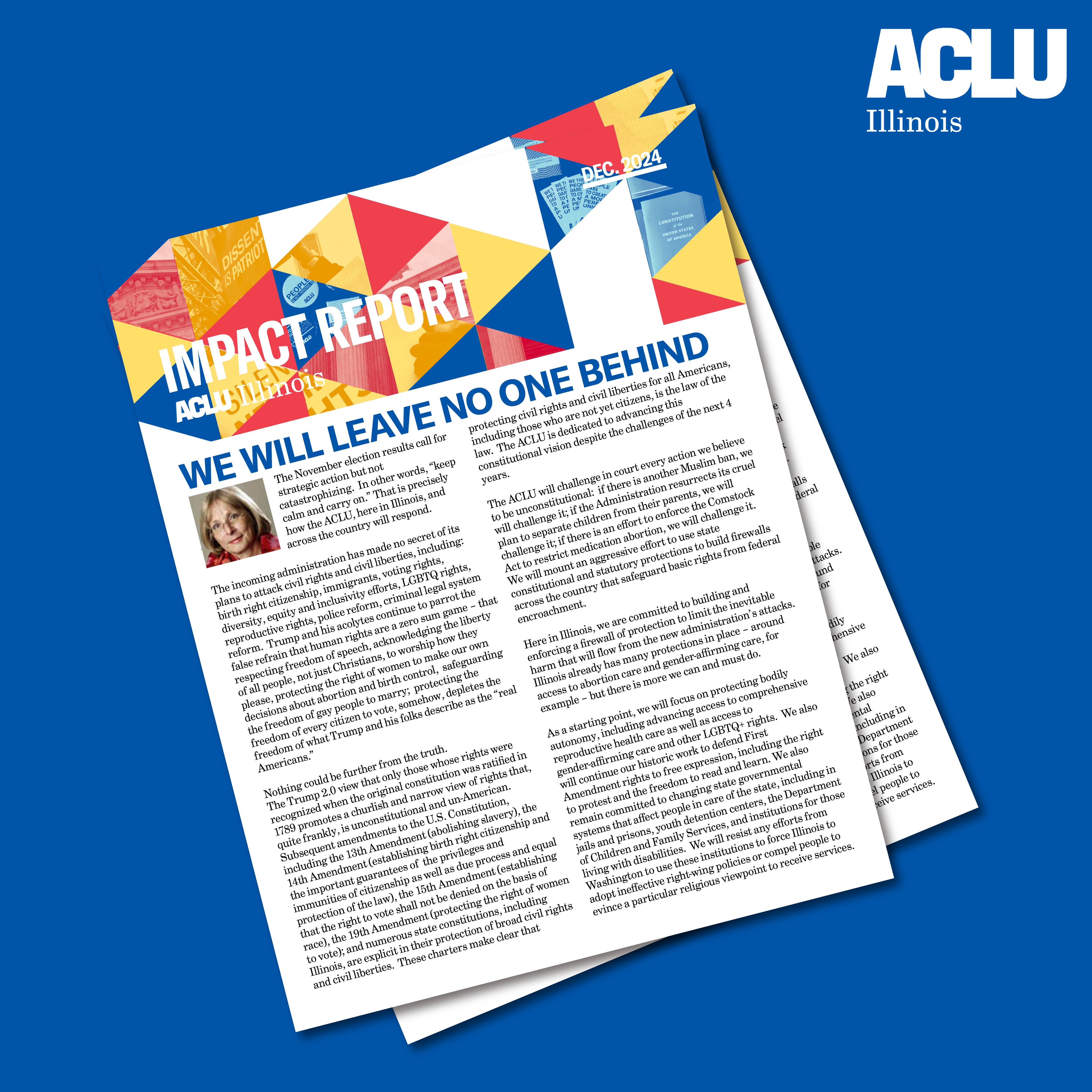 Blue background. Two covers of the Impact Report stacked on top of each other.