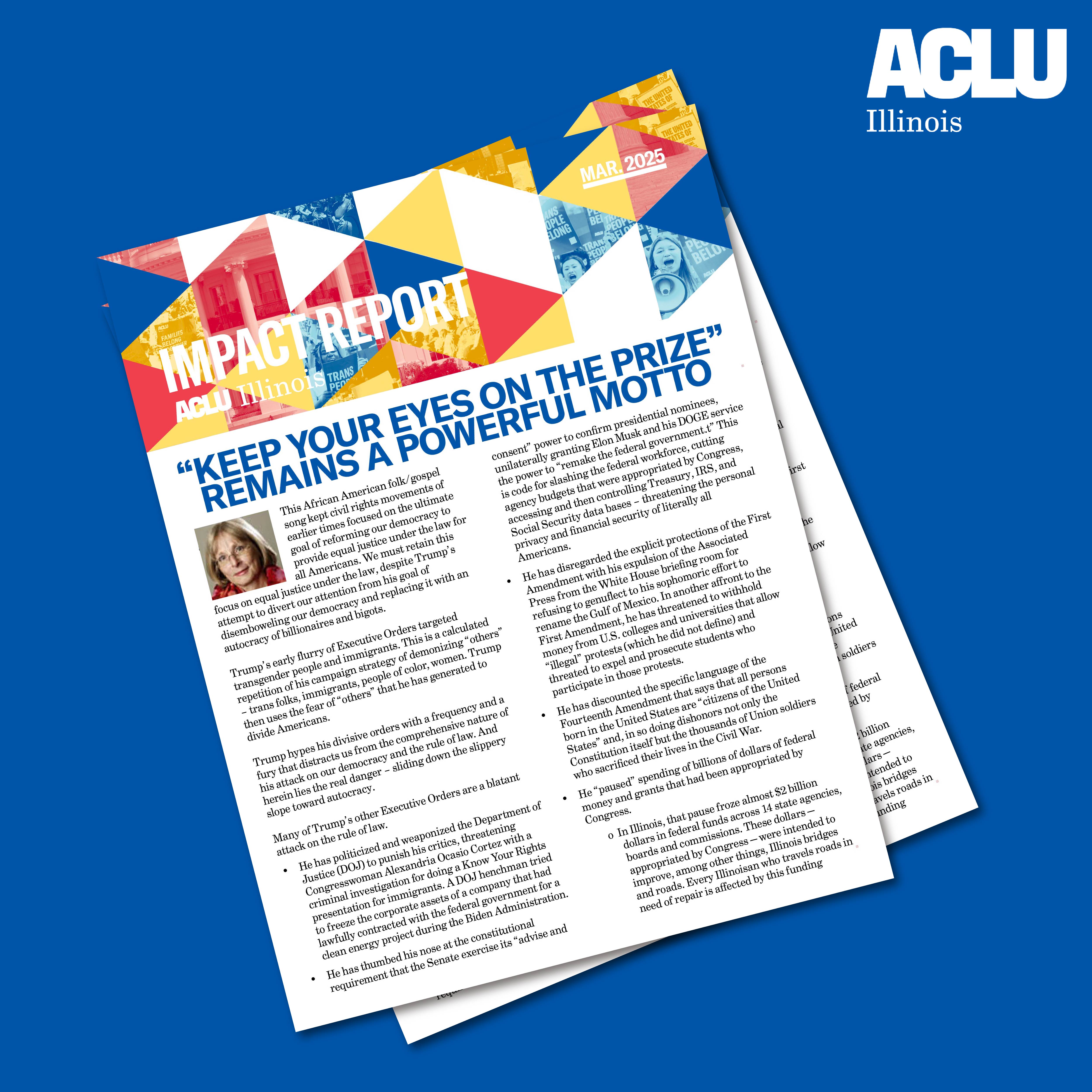 Blue background with cover of March 2025 Impact Report