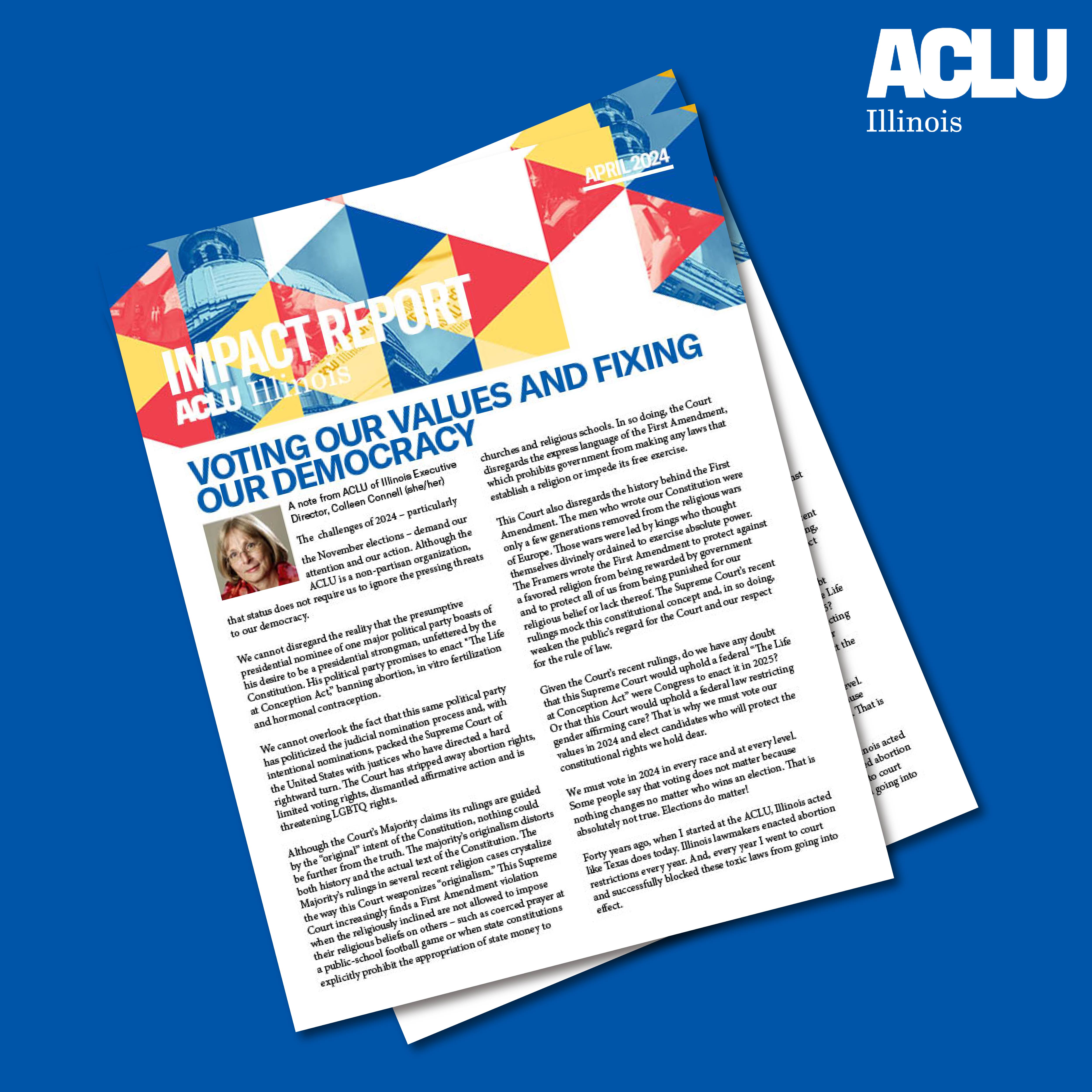 Blue background. Two covers of the Impact Report stacked on top of each other. 
