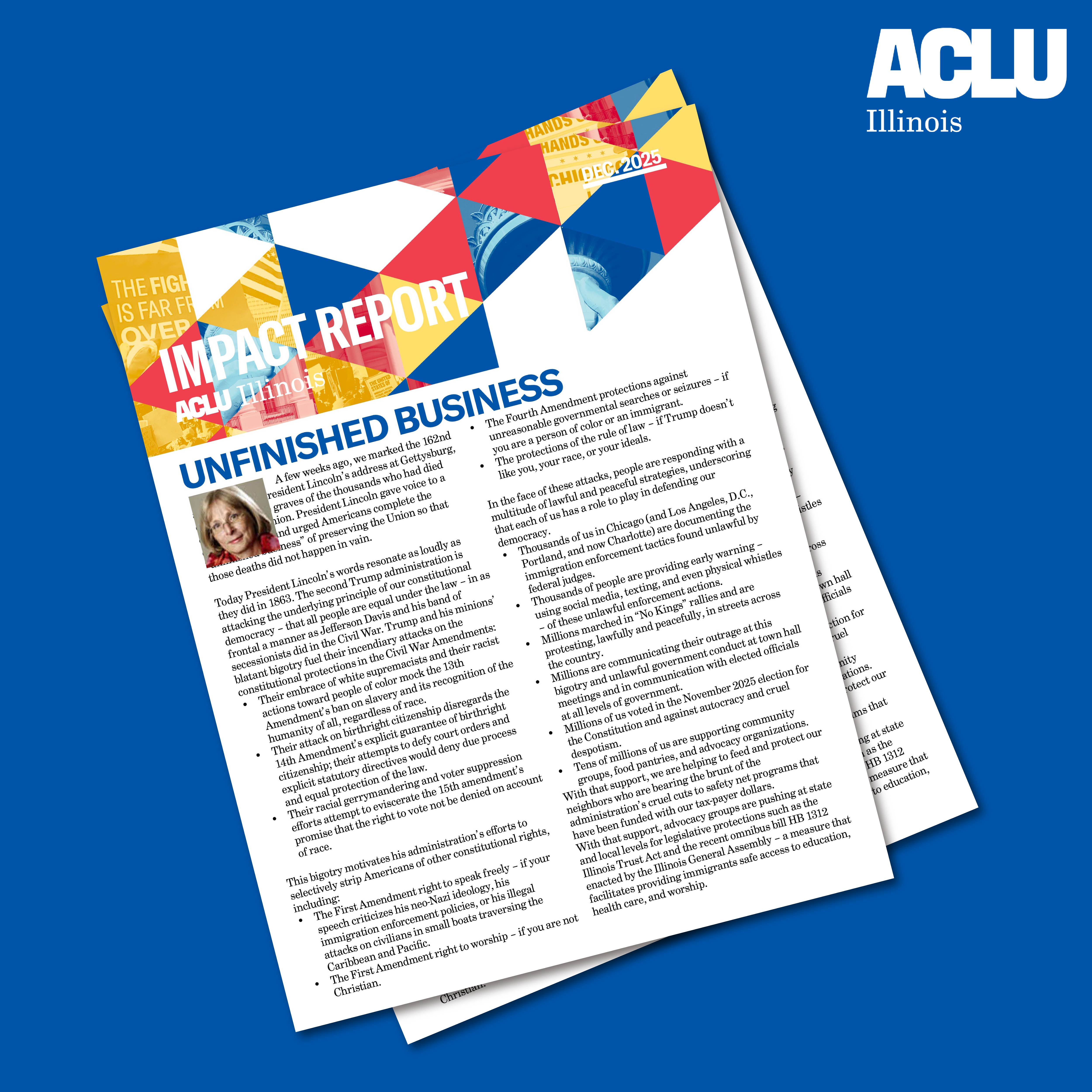 Two overlayed copies of the Impact Report over a blue background