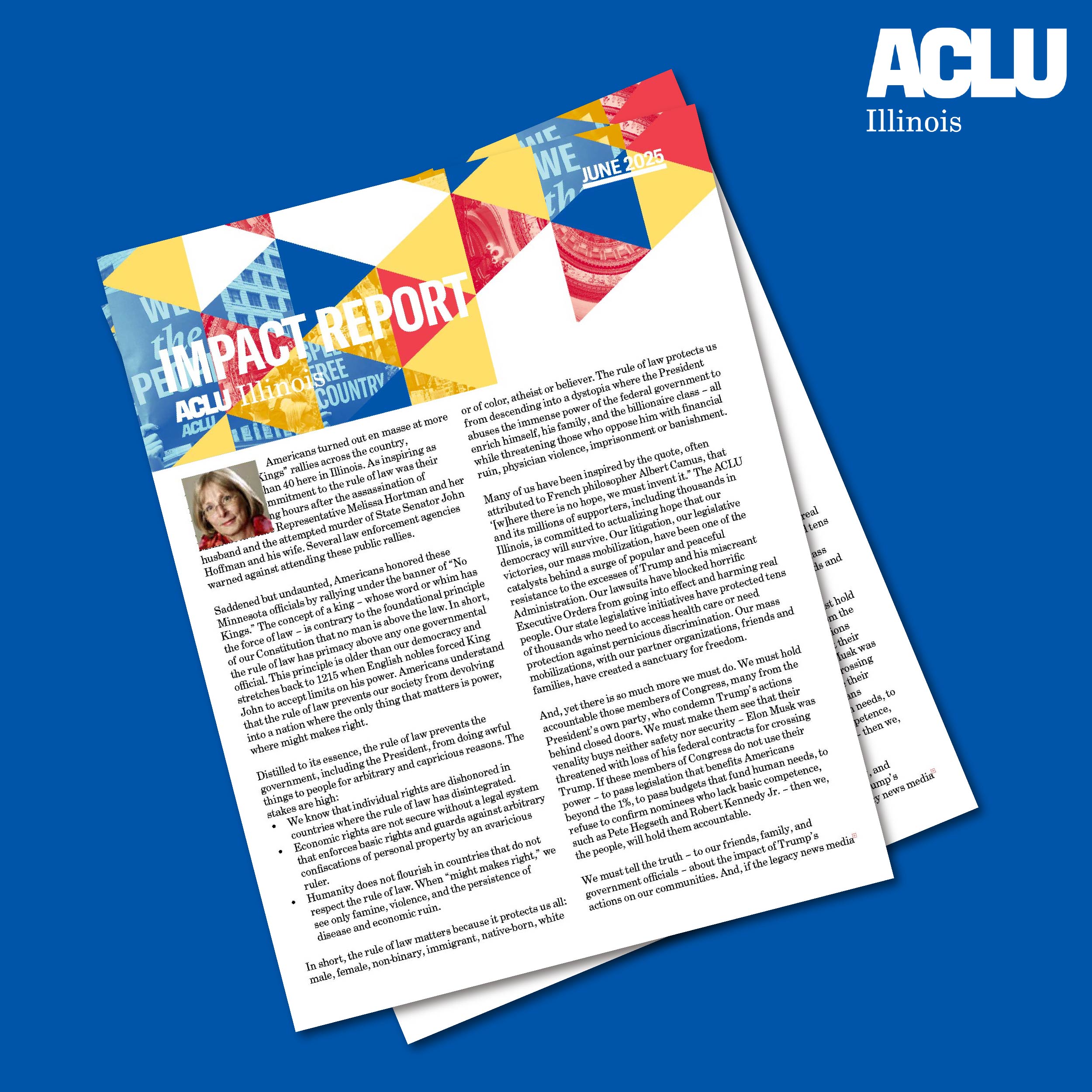 Blue background with cover of March 2025 Impact Report