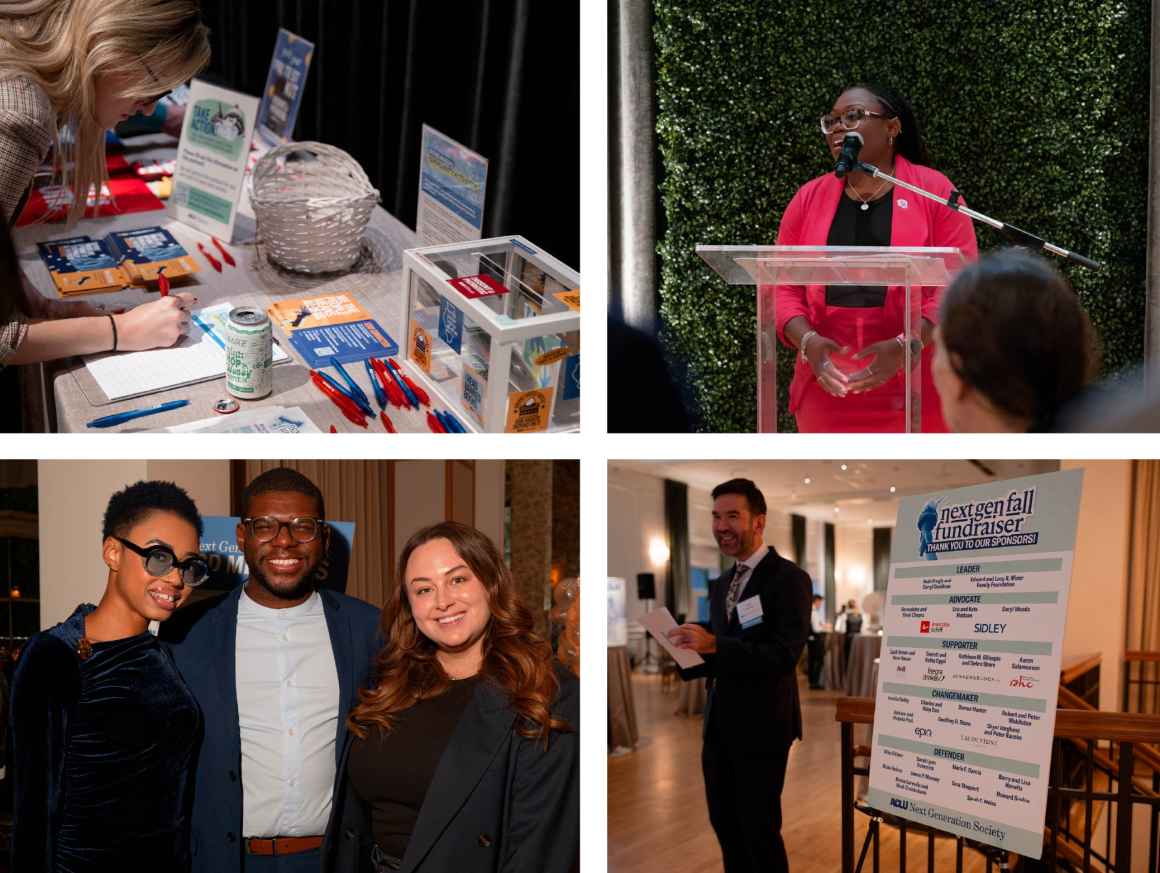 Top left photo person signing up to take action, top right photo featured speaker at the mic, bottom left photo group of three people posed for a photo, bottom right sign listing the event sponsors