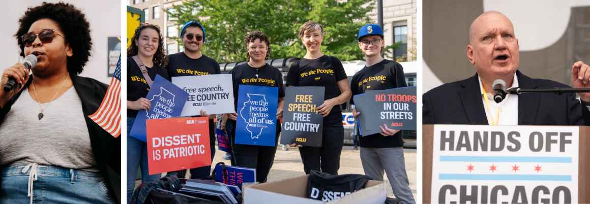 left speaker holding a mic, middle group of people handing out ACLu signs, right speaker at podium with "Hands Off Chicago" sign