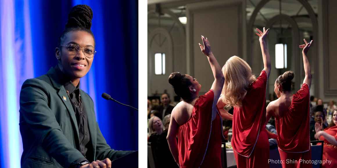 Two side by side images. Left Image keynote Amber Hikes wearing a dark green suit stands at the podium. On the left three drag performers in red pose with one arm in the air