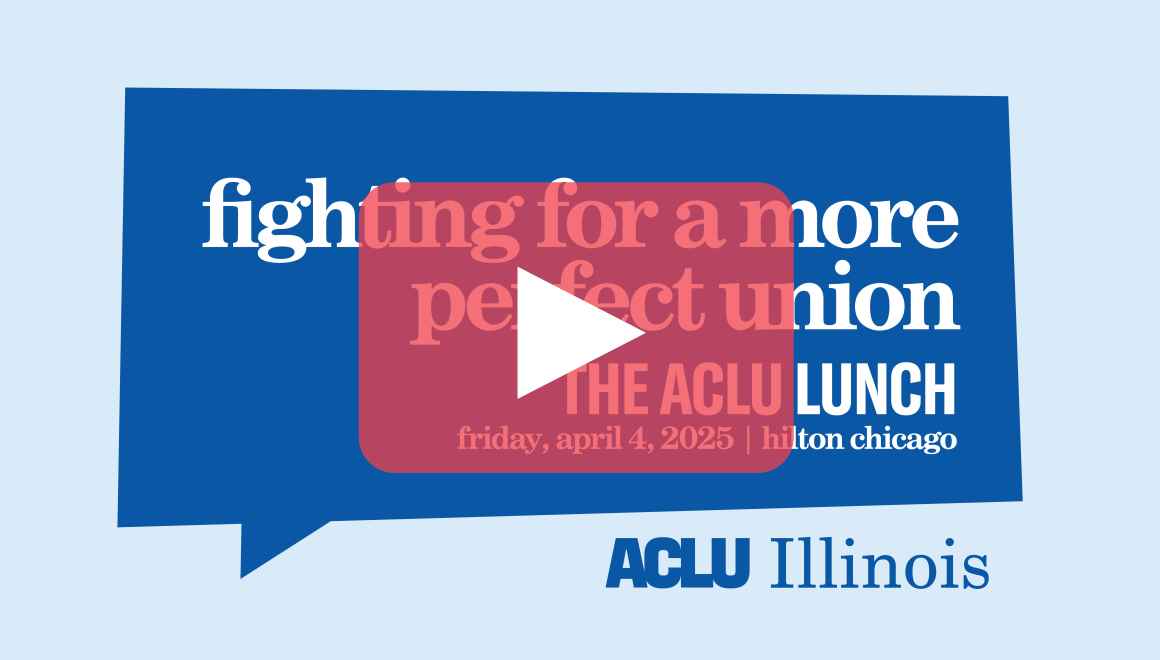 Light blue background. Blue speaking box "fighting for a more perfect union. The ACLU Lunch"