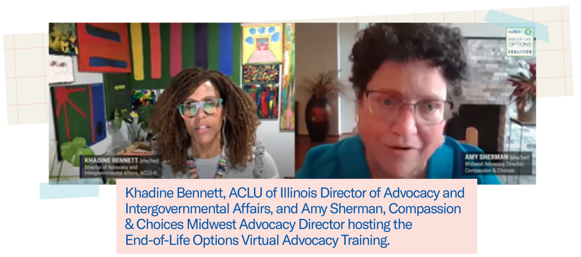 Image from virtual event on MAID with Khadine Bennett from the ACLU and Amy Sherman from Compassion & Choices