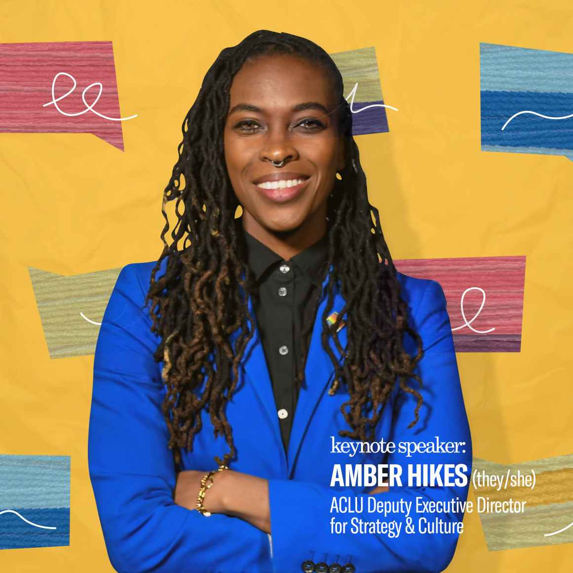 Yellow background with speech graphics in various colors. Image of Amber Hikes wearing a bright blue blazer and black shirt.