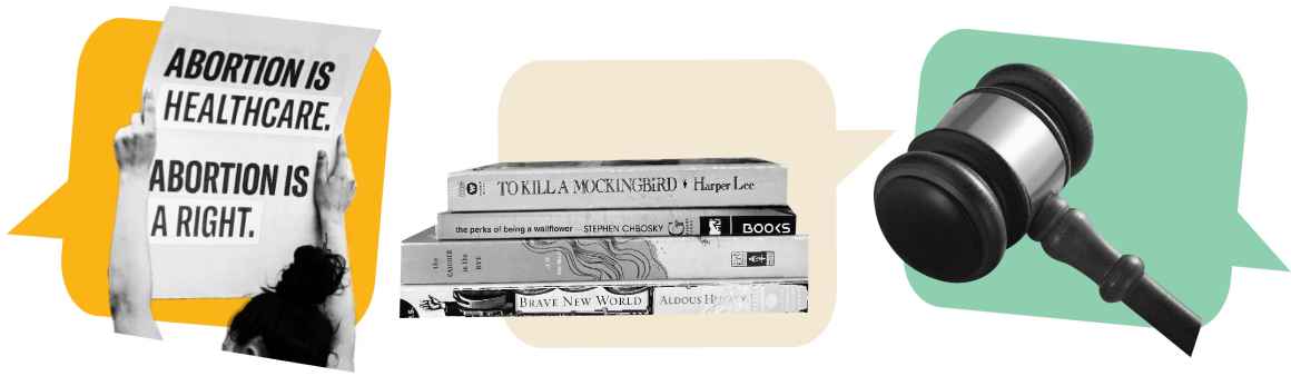 Yellow talking symbol with a black and white image of a person holding a sign "Abortion is healthcare | Abortion is a right". A beige talking symbol with a black and white pile of books. A light green talking symbol with a black and white gavel