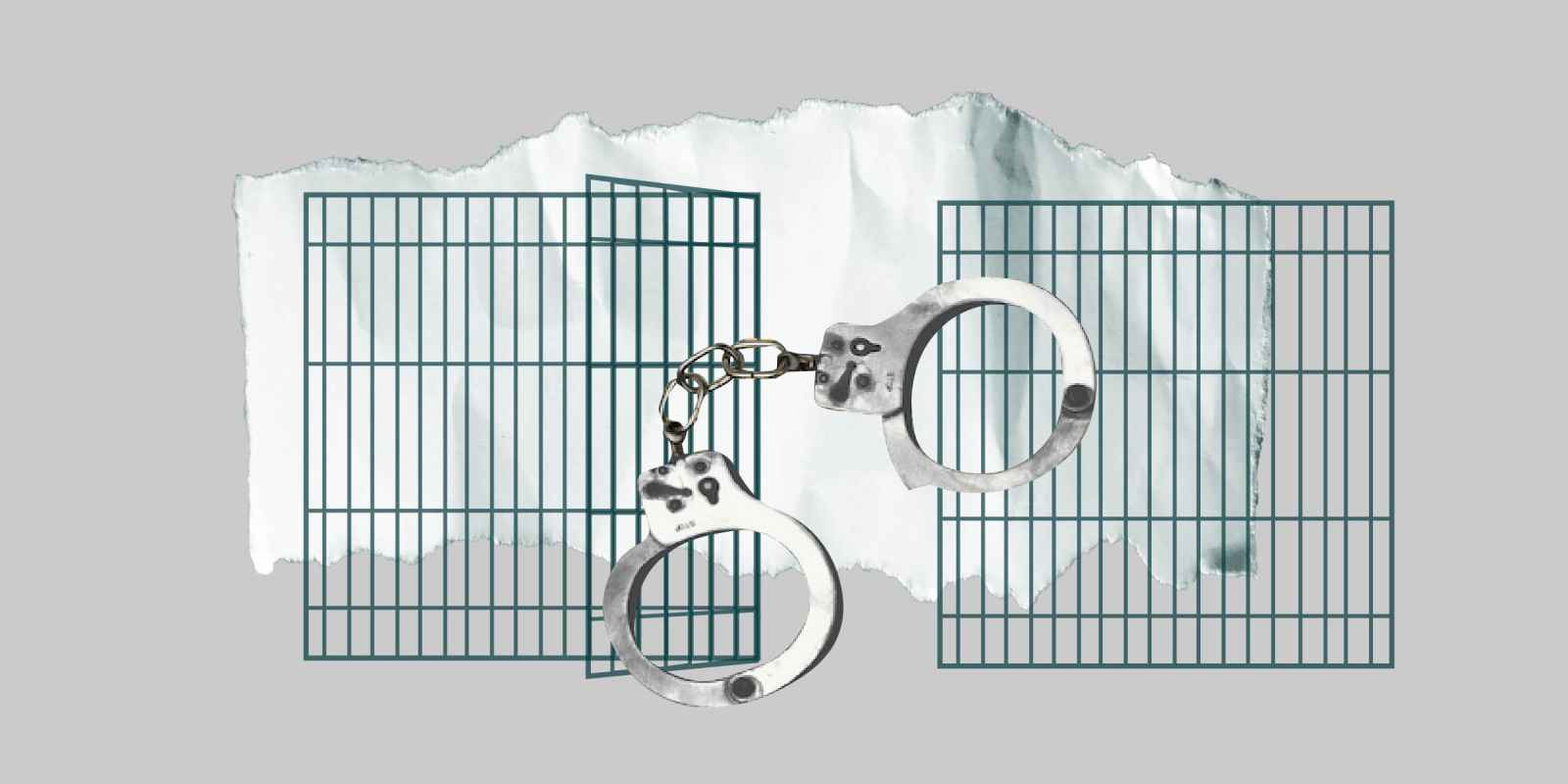 Gray background. Dark green jail cell with black and white handcuffs