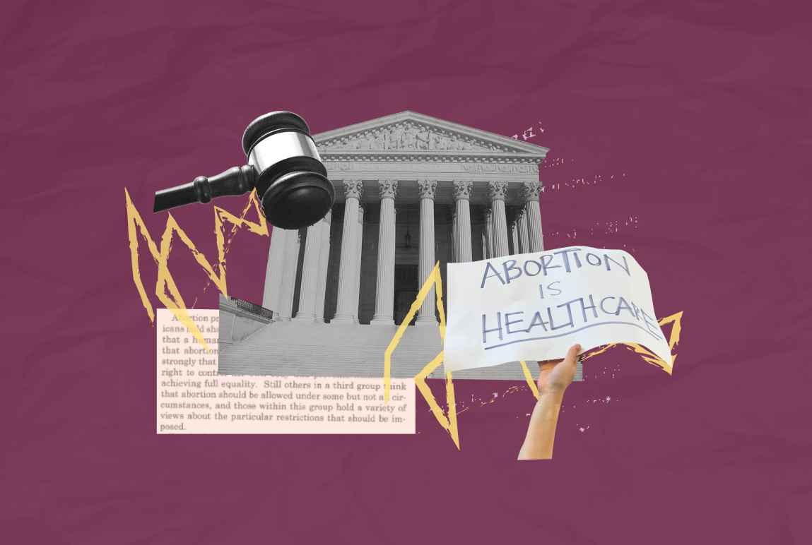 Maroon background. Collage of the Supreme Court, draft decision, gavel, and hand holding a sign that says "Abortion is Health Care"