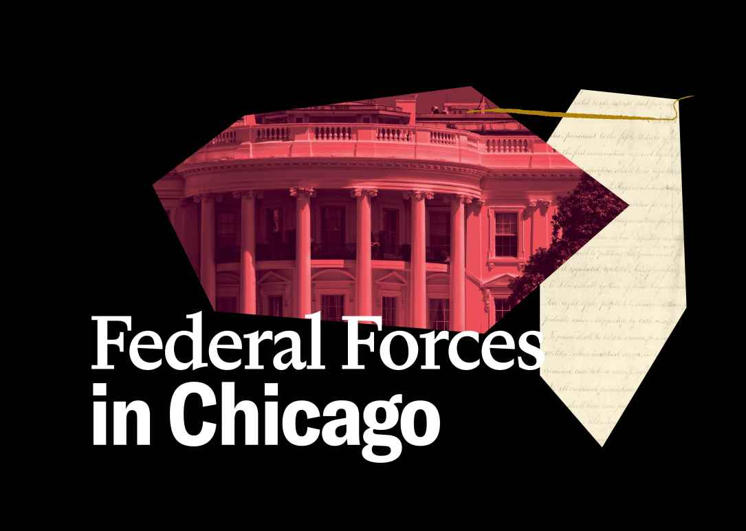 black background with red filtered White House and yellow filtered Constitution