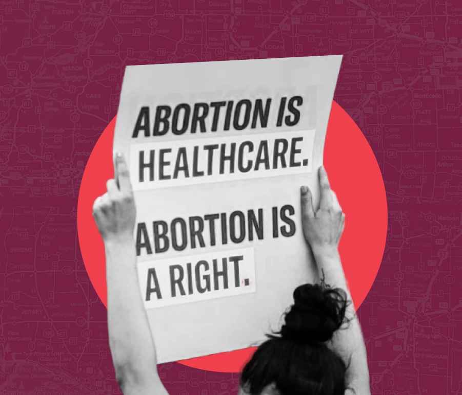 Maroon background, Hands holding sign that says "Abortion is Healthcare. Abortion is a Right" in front of a red circle