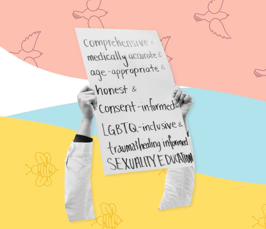 black and white poster about comprehensive sex ed. Behind image pink area with repeating birds on the top, yellow area with repeating bees along the bottom