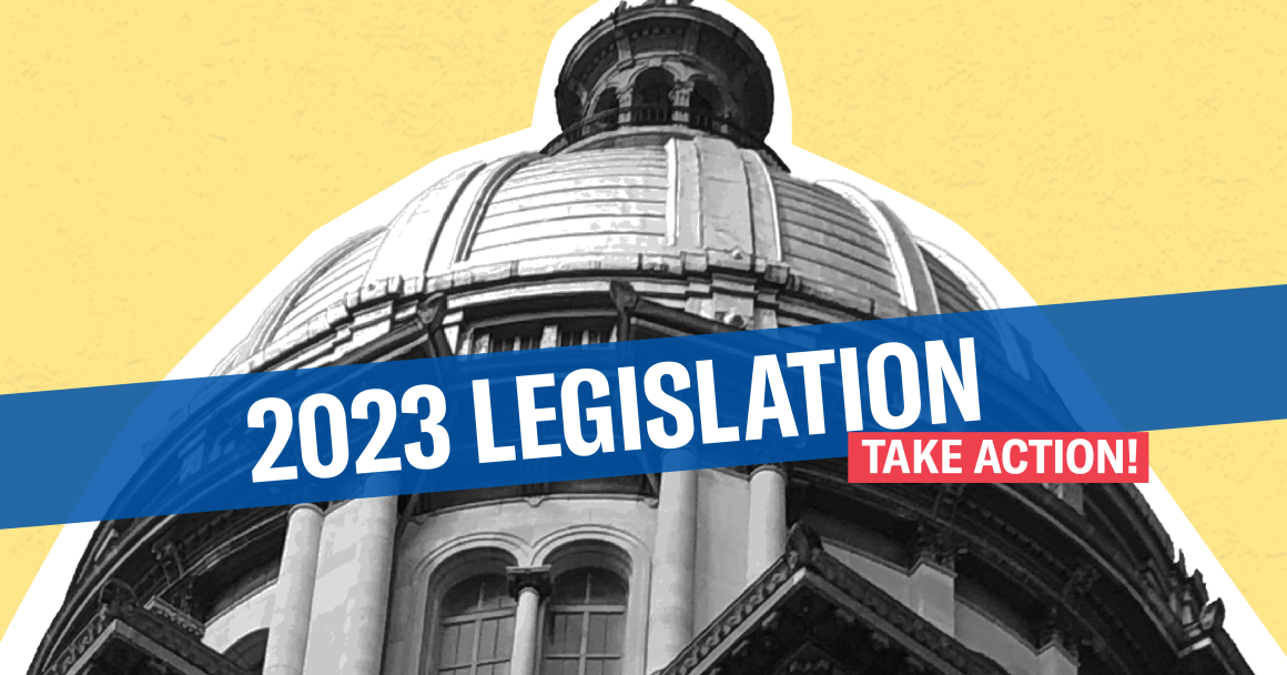 Yellow background. Black and white Springfield Capitol Building with blue angled line across the center with white text "2023 Legislation". In a small red box white text "Take Action!"