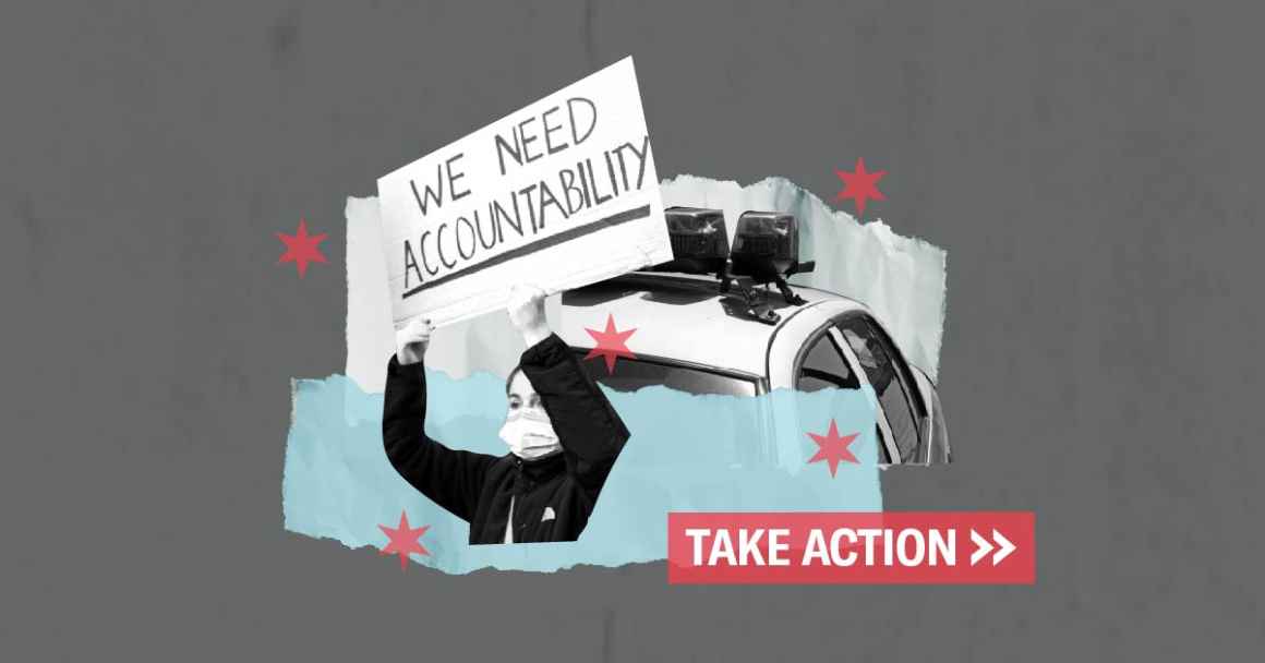 Gray background with white and light blue torn paper and red stars. Girl holding sign that says "We Need Accountability" and  image of police car.