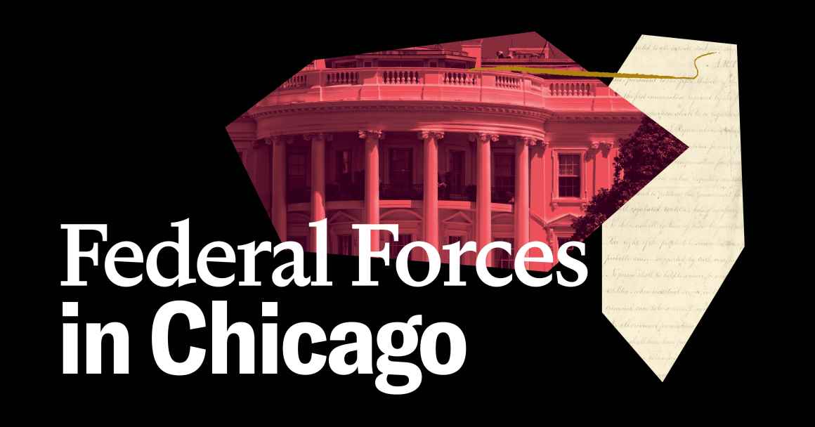Black background. Red filtered image of White House layered with yellow image of the Constitution