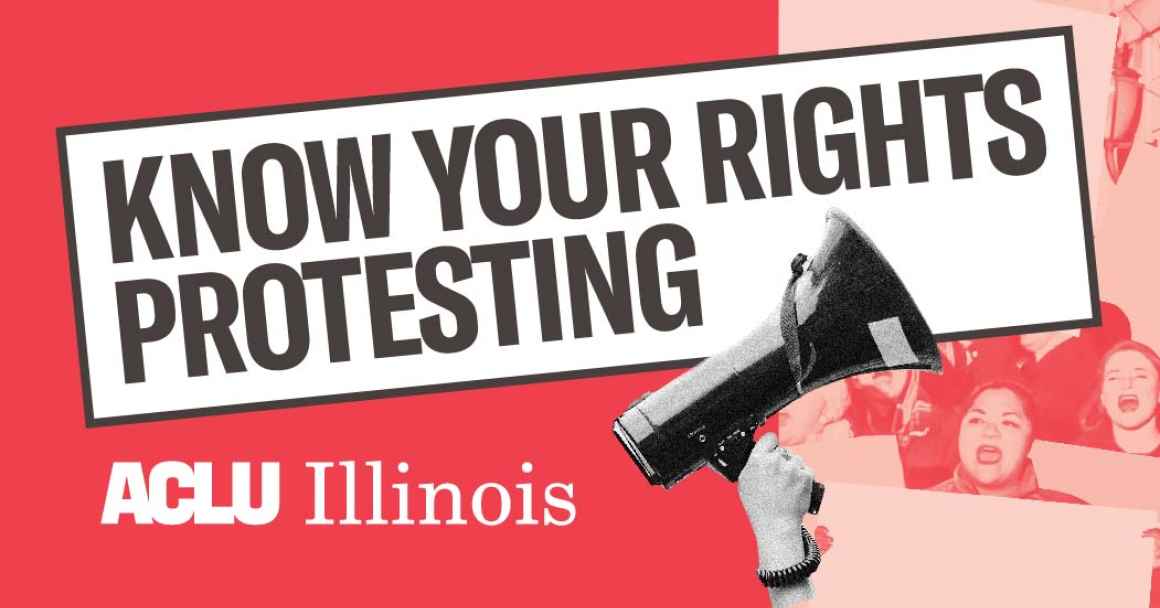 Black text:L Know Your Rights Protesting. Red background and red filtered image of people protesting