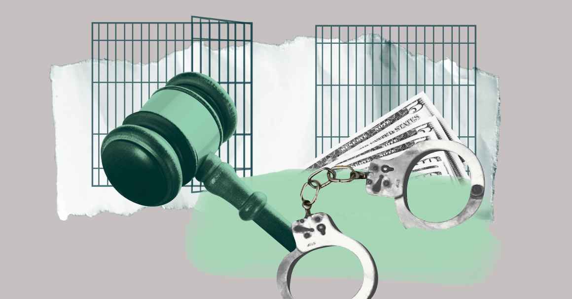 Gray background. Dark green jail cell with a green gavel, and black and white handcuffs over money.