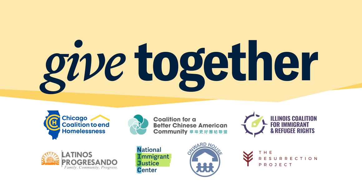Navy text: Give Together over yellow geometric shapes. Logos for the organizations listed in the body text