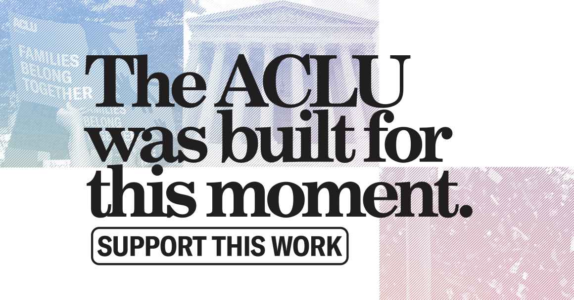 Collage of immigration sign, supreme court, and protestors. Black text "The ACLU was built for this moment. Support this work"