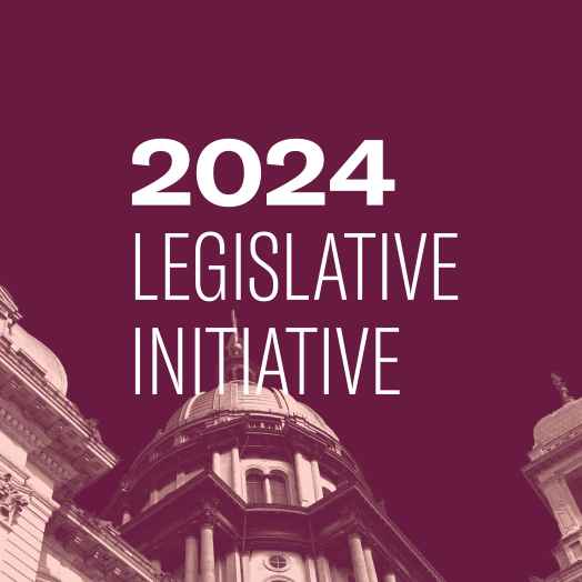 Maroon background with image of Capitol Building in Springfield at the bottom. White text "2024 Legislative Initiative" 