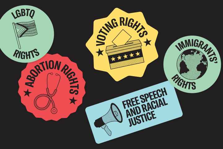 Stickers with different issue areas on a black background
