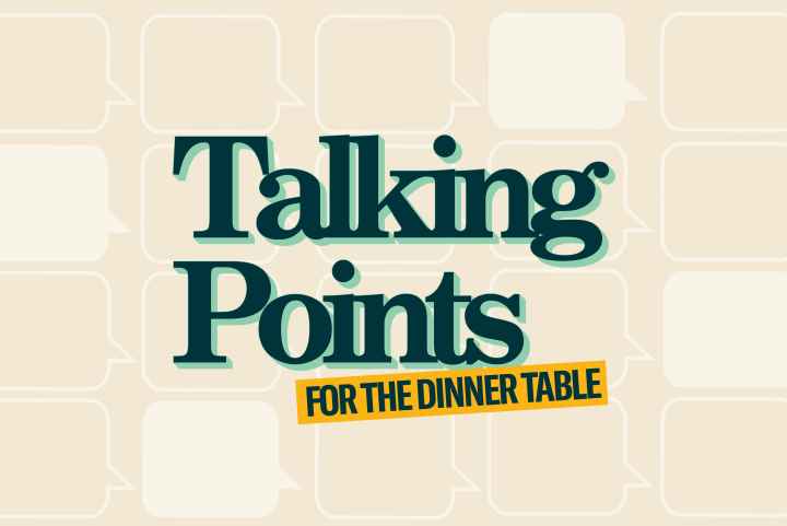 Beige background with white talking bubbles. Dark green text with a light green offset outline: "Talking Points". Angled mustard yellow rectangle with dark green text "FOR THE DINNER TABLE"