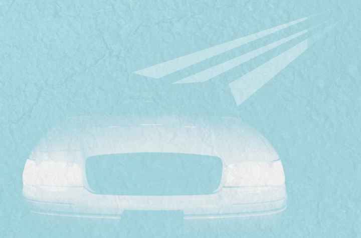 Light blue background with texture of a road. Car in white with three lines behind it