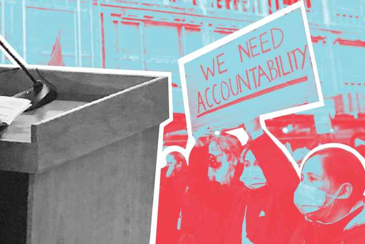 On left b/w image of podium, in the rest of the image a light blue/red filtered image of a protest with a protestor holding a sign "WE NEED ACCOUNTABILITY" and buildings behind them.