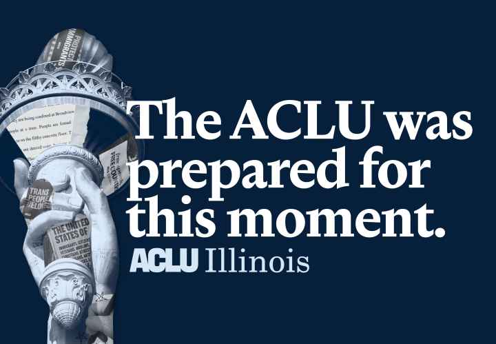 Navy background. Statue of Liberty torch with overlays. White text: "The ACLU was prepared for this moment"