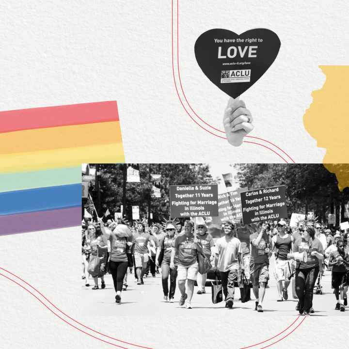 Off white background. Pride flag on the left. Photo of couples marching. Yellow Illinois above and hand holding a "love is love" sign. 